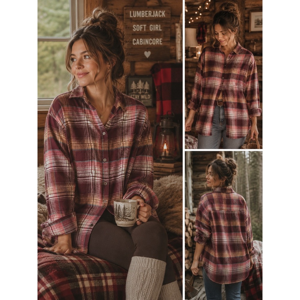 Old Navy Flannel Boyfriend Shirt Womens XL Tall Burgundy Pink Plaid Cotton Soft